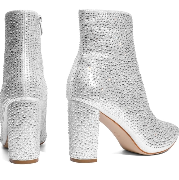 DREAM PAIRS Silver Rhinestone Chunky Heel Ankle Booties Pointed Toe Short Boots - Picture 4 of 11